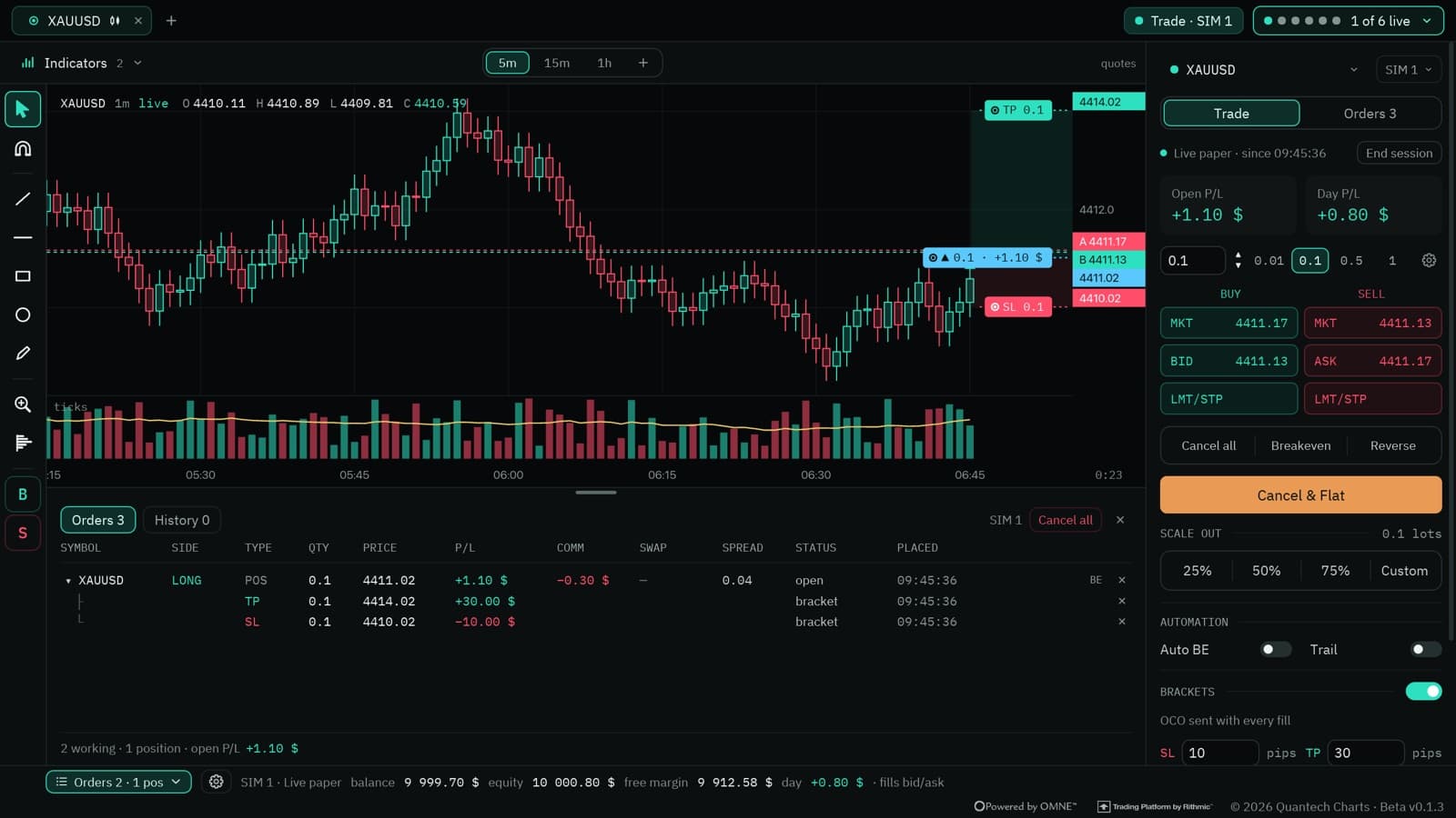 Charts with an open position, its bracket and the trade panel